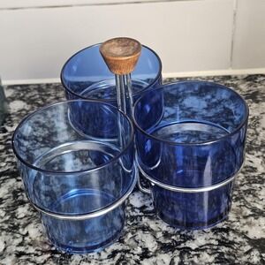 Vintage cobalt‎ blue tumbler set with metal MCM caddy
